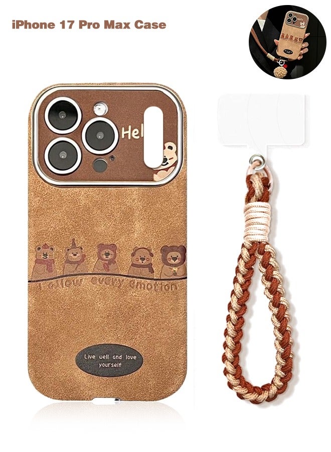 SUNDAREE Designed for iPhone Case, Cute PU Leather 3D Bear with Hand Bracelet Camera Lens Silicone Shockproof Protective Cover Phone Case (iPhone 17 Pro Max Case, Brown) - Image 1